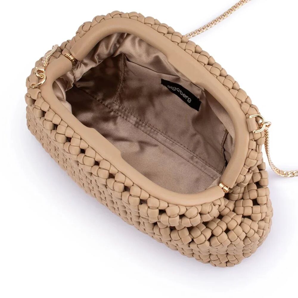 Olga Berg Everly Natural Handwoven Faux Leather Clutch with Gold Crossbody Chain - Picture 8 of 16